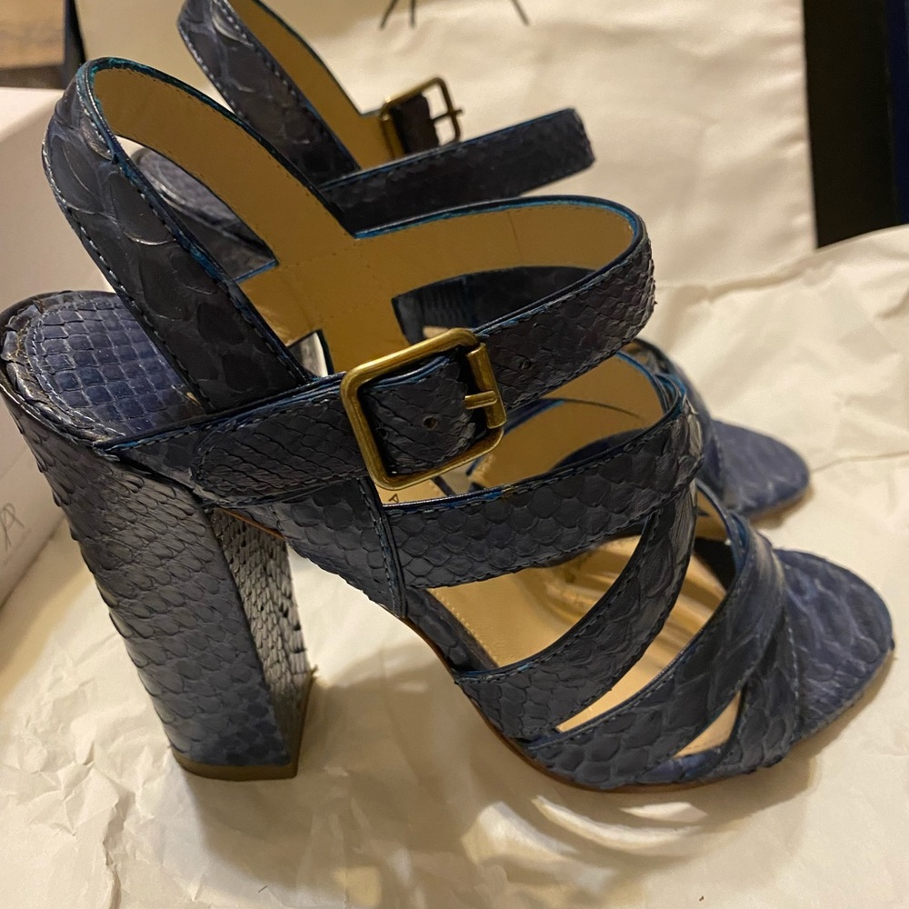 Paul Andrew Lotus Snakeskin Block Heel Sandals in Ocean    Size 36.5